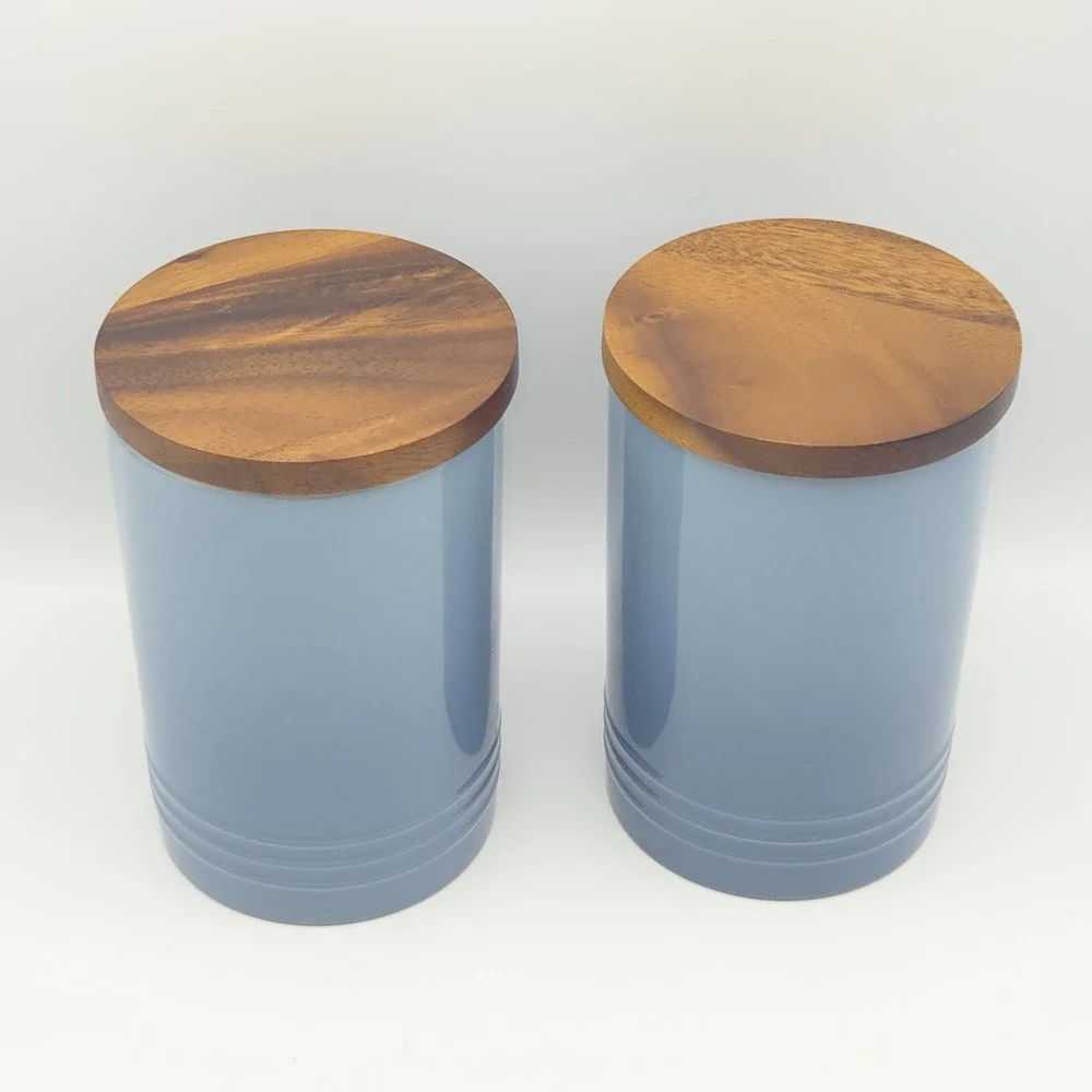 Le Creuset Chambray 26oz Stoneware Canister Wooden Lid Set x2 New Factory Second